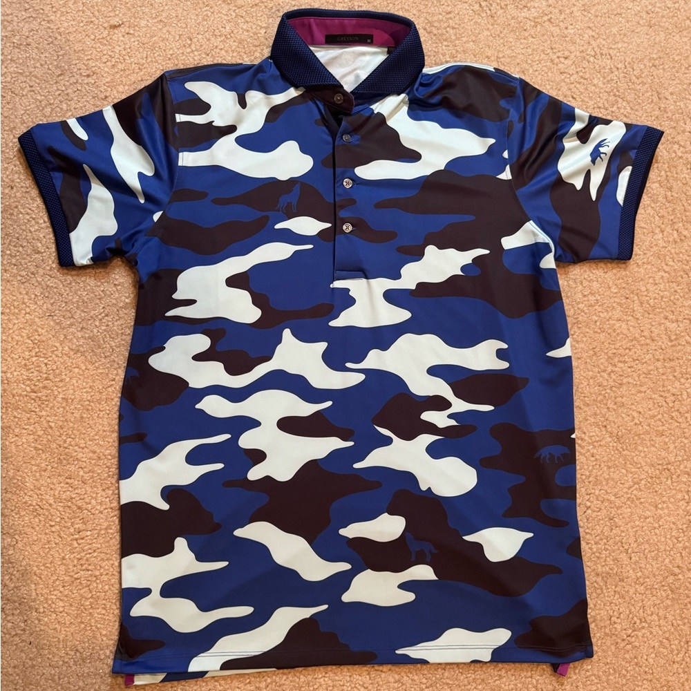 Greyson Blue and White Camouflage Polo Shirt - Medium